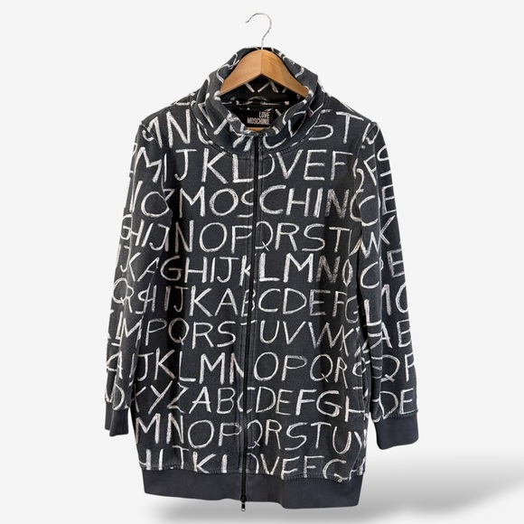 Love Moschino Tops - Love Moschino Zip Up Hoodie Gray Alphabet Chalkboard Print Size 42 (US 6)